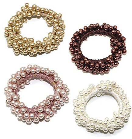 Fodattm Haargummi mit Kunstperlen, elastisch, für Pferdeschwanz-Halter, Haar-Accessoires, Kopfschmuck, Damen, Haargummi, 4 Stück