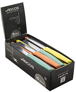 Arcos Set Cuchillos Mondadores de Cocina. Juego de 36 Piezas Acero Inoxidable, para Pelar Frutas y Verduras. Mango Ergonómico Polipropileno. Serie Nova. Naranja. Amarillo y Coral