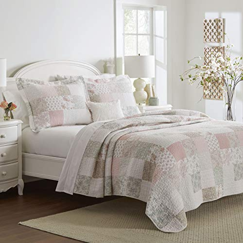 Laura Ashley Bettwäsche-Set für King-Size-Bett, wendbare Baumwoll-Bettwäsche mit passenden Kissenbezügen, Patchwork-inspirierte Heimdekoration (Celina Patchwork Rosa/Salbei, King-Size)