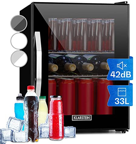 KLARSTEIN Mini Frigo Bar da Camera per Birra, Portatile, Piccolo da Ufficio, con Porta in Vetro, con Ripiani Rimovibili, 0-10°C, 33L