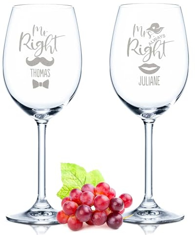 GRAVURZEILE Leonardo Weingläser mit Gravur - Mr Right & Mrs Always Right im Set - Personalisiert mit Namen - Geschenk zur Hochzeit, Verlobung & Jahrestag - ein perfektes Hochzeitsgeschenk