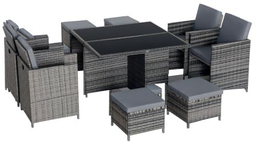 Outsunny 8 Seater Rattan Cube Garden Furniture Set Rattan Dining Set Grey | With Cushions, Outdoor Dining Table and Chairs, 4 Armchairs, 4 Stools, Square Glass Top Table, Patio, Balcony