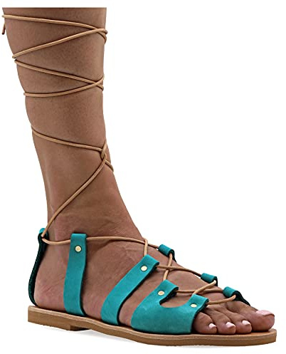 Emmanuela Sandali gladiatori greci antichi, sandali in pelle piatta a mano con dita aperta e lacci, scarpe estive di alta qualità per legare per le donne
