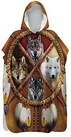 DOTBUY Strand Handtuch Poncho mit Kapuze für Erwachsene Kinder, Mikrofaser 3D Wolf Bedrucktes Surf Poncho Schnelltrocknend Strandtuch, Damen & Herren Umziehhilfe Bademantel (Indischer Wolf,80x145cm)