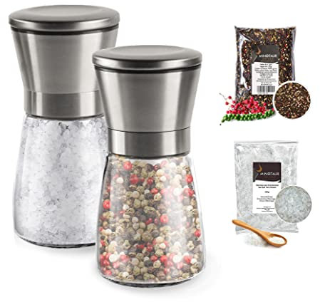 YDORO | Salz- und Pfeffermühle Set mit extra 500g Buntem Pfeffer & 500g Meersalz, 2er Set mit Keramikmahlwerk, mit Inhalt