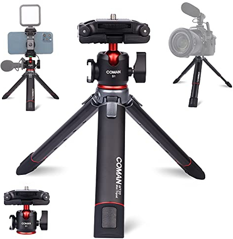 2 in 1 Camera&Cellphone Tripod with Phone Mount&Dual Cold Shoe Extension Pole Handle Grip Mini Selfie Stick for iPhone/Android/Camera, Vlogging Live Streaming Zoom Meeting… MT20S1