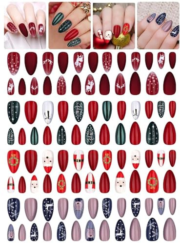 EBANKU 96 pcs Weihnachten Fake Nails | Künstliche Weihnachtspresse auf den Nägeln Rentier Schneeflocken Weihnachtsbäume Full Cover Nagelspitzen für Frauen Mädchen