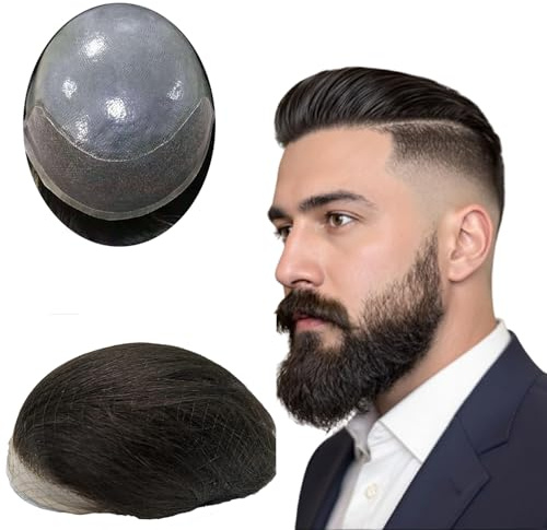 NLW Peluca Hombre Frente de Encaje Francés Peluquin Cabello Natural,Peluca humana real Hombres,8 * 10 pulgadas Densidad Media 110%（1B negro natural）