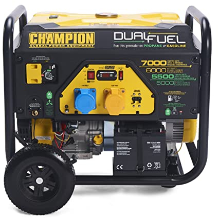 Champion Power Equipment CPG7500E2-DF 7000 Watt LPG Dual Fuel Portable Frame Generator - 439cc Engine - Petrol or Propane, 19 Hours Max, Electric Start, Intelligauge Display, Shut Off Sensor