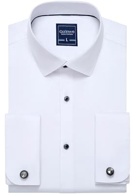 Gollnwe Men's French Cuff Dress Shirt Slim Fit White Dress Shirt for Men Spread Collar with Metal Cufflink Light White L