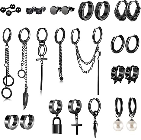 ASH'S CHOICE 26 pares de pendientes para hombre, pendientes negros y colgantes para hombre, juego de pendientes de aro con cadena larga de acero inoxidable (negro)
