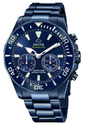 JAGUAR Hybrid Smartwatch Herren Edelstahl 316L Blau - 20 ATM, Analog, Musik, Schritte, Anrufe - J930/1