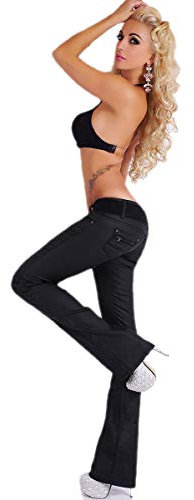 STIDIA Dambootcut jeans byxor konstläder läder våt look läderimitation utsvängda byxor bälte, Svart-wt370, 34 SE