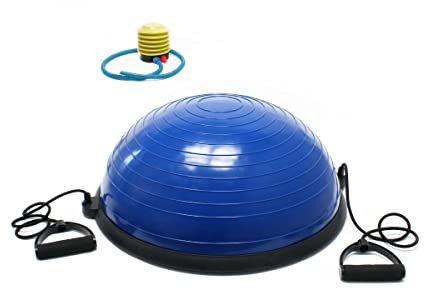 Balancetrainer Fitness Gymnastikball Ø58 cm Höhe 25 cm (befüllt) Inklusive 2 elastischen Zugbändern und Luftpumpe Yoga Ball Fitnessball Farbe: Blau 9010061