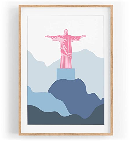 Rio de Janeiro Statue Cristo abstrakte Illustration Dekorativ Farbe Motiv gerahmt Natur in A3