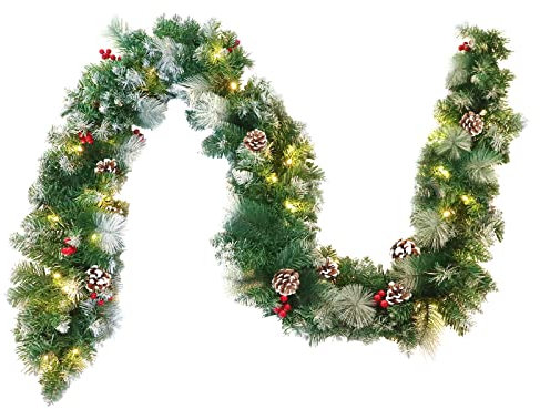 XMTECH Weihnachtsgirlande mit Beleuchtung Weihnachtsdekoration mit Tannenzapfen & Schnee-Effekt künstliche Tannengirlande Weihnachtstürdekor Weihnachts Girlande, L: 500cm - 75 LEDs