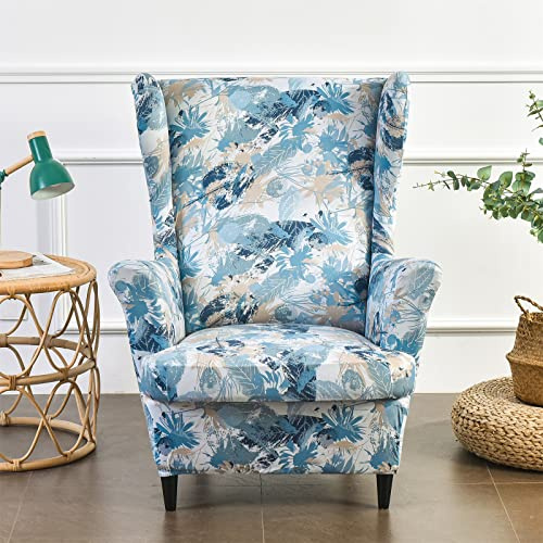 MINGPINHUIUS Soft Polyester Stretch Print Wingback Chair Covers 2 Piece Set | 2 IN 1 Design Removable Wing Chair Slipcover, Soft Wing Back Chair Cover for Living Room Bedroom Hotel Office Reception