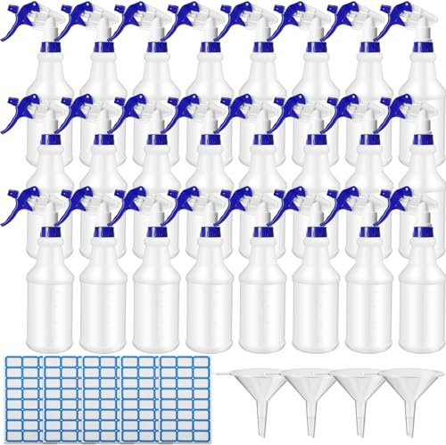 Zubebe 24 Pack 32 oz Plastic Spray Bottle Bulk Empty Leakproof Heavy Duty Spray Bottles for Cleaning Supplies Mist Bottles with Label and Adjustable Nozzle for Plant (Blue,Clear Scale)