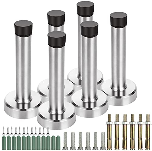 ASelected Dörrstoppare, 6-pack dörrstoppare, väggskydd i rostfritt stål, dörrstoppare för kjolar med gummistopp, med monteringsskruvar och ankare silver
