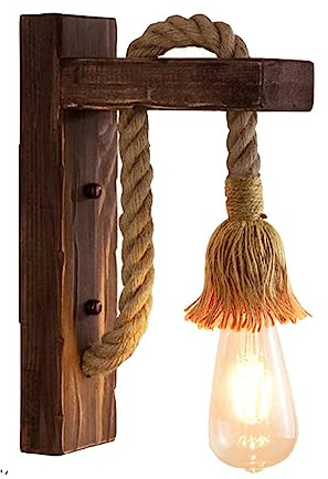 Mengjay Moderne Innen Wandlampe Holz Wandleuchte Industrial Vintage Wandlampe Retro Hanfseil Lampenschirm E27 für Flur, Schlafzimmer, Restaurant, Bar, Scheune (B)