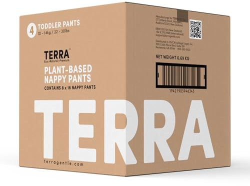Terra Training Pants Size 4: 85% Plant Based Pull-Up Style Diapers, Ultra-Soft & Chemical-Free for Sensitive Skin, Superior Absorbency, Perfect Overnight Diapers, for Toddlers 22-30 Pounds, 128 Count