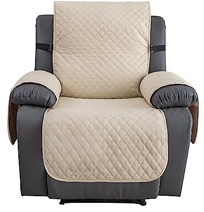 Highdi Wasserdicht Sesselschoner für Fernsehsessel 1 Sitzer, Sesselauflage Relax mit Armlehnen, Relaxsessel Sesselschoner mit Verstellbaren Riemen und Taschen, Lehnenschutz (Beige)