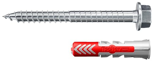 fischer DUOPOWER Lot de 50 chevilles universelles avec vis de sécurité, chevilles à 2 composants, chevilles en plastique pour fixation dans le béton, la brique, la pierre, les plaques de plâtre, etc