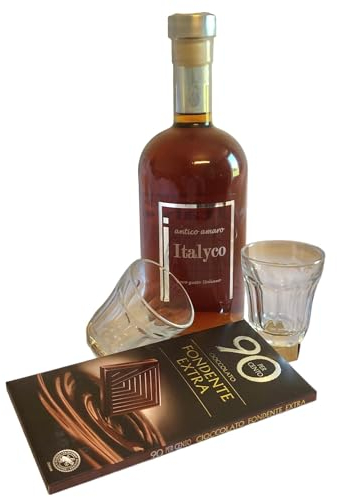 Amaro Antico Italyco Set Amaro con coppia bicchierini e tavoletta Cioccolata fondente IDEA REGALO