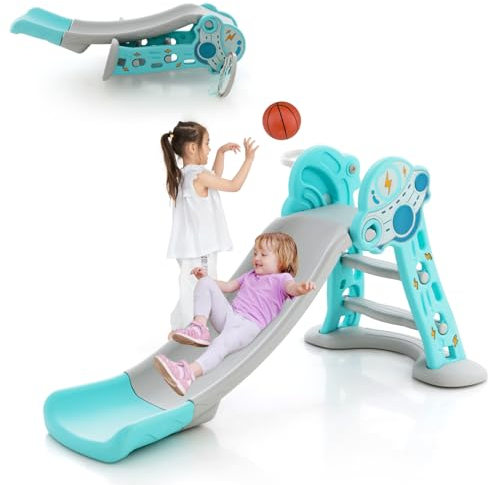 HOMASIS Kinder Rutsche, 3 in 1 Kinderrutsche mit Leiter & Basketballkorb, Kinder Spielplatz mit Basketball & Pumpe, Freistehende Rutsche für ab 18 Monaten, Rutsch Indoor & Outdoor (Blau)