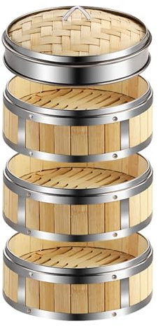 AIZYR 3 Tier Chinese Steamer Bamboo Steamer with Lid Bamboo Steamer Basket Reusable for Cooking Rice, Dim Sum, Fish, Meat,6 inch