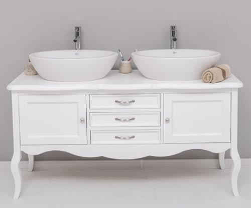 Casa Padrino Landhausstil Massivholz Doppel Waschtisch Weiß 150 cm - Landhausstil Badezimmer Möbel