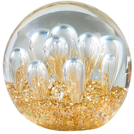 Hand Blown 3.1 Crystal Ball Bubble Corals Sea Glass Art Gifts for Women Men Ocean Figurines Decor Paperweight Coastal Decor for Home Aquarium Sphere Ornaments (Gold)