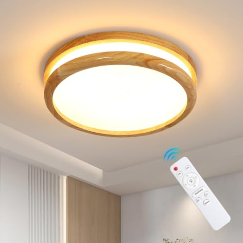 Pheashine LED Holz Deckenleuchte 24W Dimmbar mit Fernbedienung | 30 cm Rund Deckenlampe mit 3000K–6500K für Schlafzimmer, Kinderzimmer, Büro und Flur