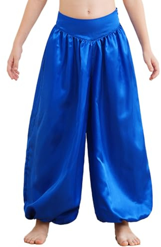 Miutii Kids Girls Satin Harem Pants Belly Dance Costume Wide-Leg Trousers Bloomers for Arab Carnival Performance Blue 7-8 Years