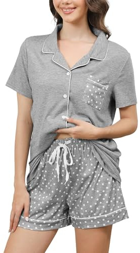 Reliwel Pyjamas Dam Bomull Shorts Set Mjuk Kvinna Pijamas Set Button Down Pjs för Dam Set Top och pricktryck shorts med fickor Nattkläder Loungewear S-XXL