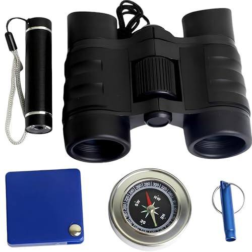WYFCR Outdoor Exploration Kit, Kinder Spielzeug Fernglas mit Tasche, Taschenlampe, Kompass, Pfeifen, Lupe, Tolles Kinder für Camping, Wandern Mädchen im Alter 3–7 Jahren