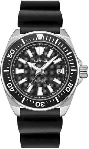 TOPHILL Montre de plongée pour homme, 43,5 mm, mouvement Japon, NH35, cadran en verre saphir, calendrier lumineux, automatique, mécanique, étanche, 300 m, TD008G, Silicone noir, Bracelet