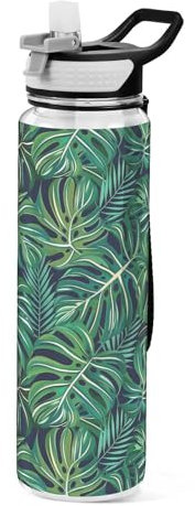 Mnsruu Bouteille d'eau de sport en Tritan avec paille - Anti-fuite - Sans BPA - Motif feuilles de palmier tropicales - Pour homme, femme, enfant
