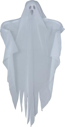 FIESTAS GUIRCA | Deko Hängedekoration Geist – Halloween – Weiß 72 cm | Tuch mit Fransen | Schwarze Augen, Mund | 72 cm | Metallbügel | Polyester, PVC | Karneval & Fasching