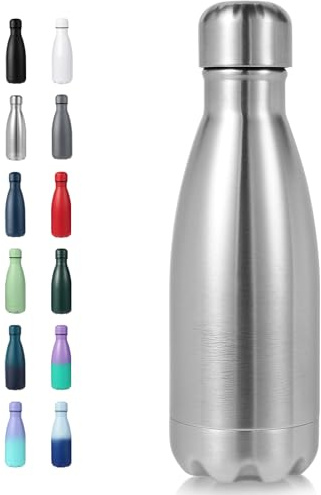 Volhoply Trinkflasche Kinder 350ml, Doppelwand vakuumisolierte Edelstahl Thermosflasche, auslaufsichere Isolierflasche BPA-frei Kinderflasche für Schule Jungen Mädchen(Silber,1er-Set)