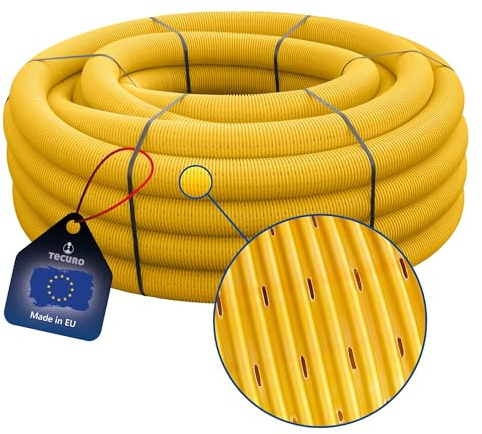 tecuro Drainagerohr flexibel 10 m - DN100 gewellt PVC-U, geschlitzt gelb, für Tiefbau, Garten und Landschaftsbau, PVC-U DIN 1187 güteüberwacht