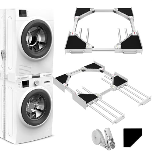 NIUXX Kit de Superposition Universel, avec 6 tiges télescopiques, Universel Cadre Intermédiaire pour Lave-linge et Sèche-linge avec Corde à Cliquet, taille réglable（46-66cm）