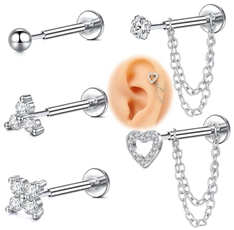 QSKISS 16G Flat Back Piercing Ohrs Push In Knorpelpiercing Kettenpiercing Ohr Für Frauen Edelstahl Hypoallergen Fadenloses Tragus Piercing