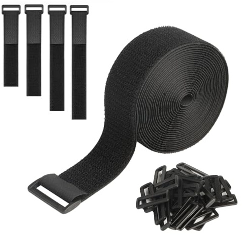 Adjustable Cable Straps with Buckles,5cm x 6m Heavy Duty Hook and Loop Straps,Reusable Storage Black Nylon Cable Ties with 30 Buckles, cCable Tidy Strapss, for Fastening Securing Wires Cables Tubing