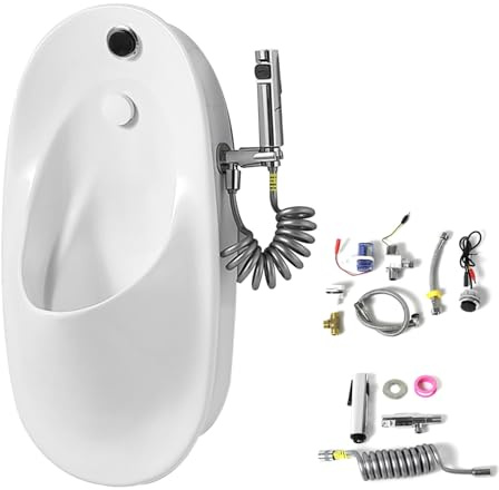 Urinoir Homme, Urinoir Suspendu pour Homme avec Pistolet Pulvérisateur de 3 M, Chasse D'eau À Capteur et Chasse D'eau Manuelle À Bouton-poussoir, pour Salle de Bain, Hôtel