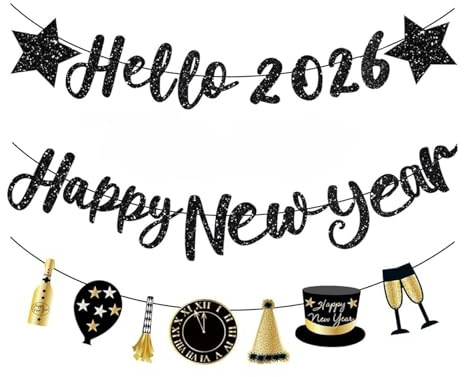 3Pcs Happy New Year 2026 Decorations Kit,Glitter Happy New Year Banner Star Hello 2026 Bunting Banner Black & Gold Champagne Clocks Balloons Sign Garland for Party Home New Years Eve 2026 Decorations
