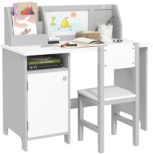 HOMCOM Set Tavolo e Sedie per Bambini 5-8 Anni in Legno con Banco Scuola, Set di Mobili per Bambini con Spazio Portaoggetti e Lavagna Bianca e Sedia, Bianco e Grigio