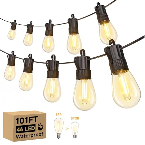 Minetom 101FT Outdoor String LED Patio Lights Waterproof,46 Shatterproof S14 Vintage Edison Bulbs,Commercial Grade Outside Hanging Lights Waterproof for Porch Deck Garden Backyard Balcony Cafe Bistro