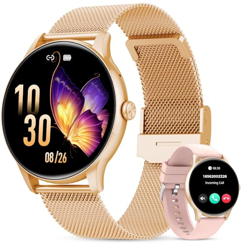Elegante Smartwatch Damen mit Telefonfunktion, 1,77 Zoll Voll Touch Screen Fitness Tracker, 120+ Sportmodi, IP68 Wasserdicht Smart Watch mit Herzfrequenz, SpO2, Schlafmonitor für iOS Android, Rotgold