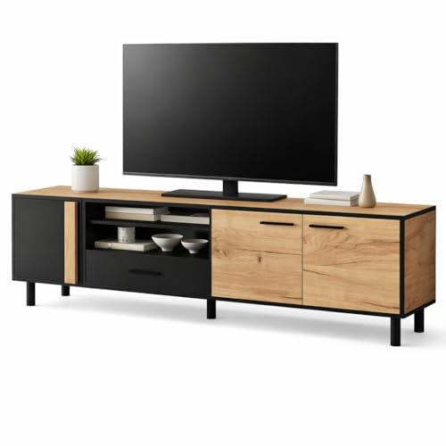 NordicLume TV-Schrank 180 cm, Lowboard für Fernseher bis 80 Zoll, Schwarz & Holzoptik, mit 3 Türen, 1 Schublade & offenem Fach, modernes Design(Schwarz, 180 cm)